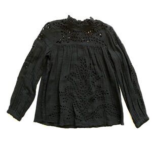 Antik Batik Eyelet Top Shirt Womens 36 XS Black Long Sleeve Cotton Ruffle Neck